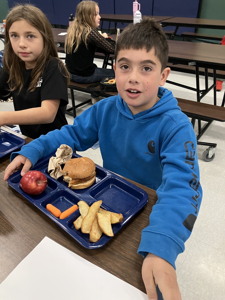 A student in a blue hoodie sits at the lunch table smiling, with a tray containing a sandwich, potato wedges, carrots, and an apple.