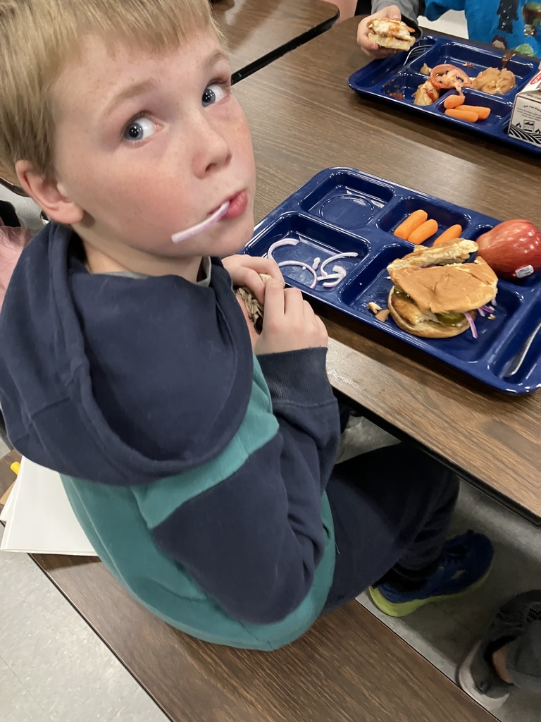 A student in a blue and green hoodie sits at the cafeteria table eating a sandwich, with a tray holding carrots, an apple, and onion slices.
