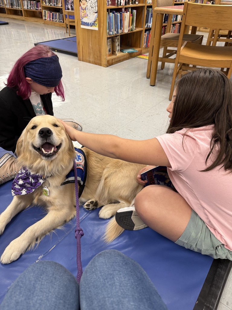 The therapy dog smiles contentedly while two students pet it in the library reading area surrounded by bookshelves.
