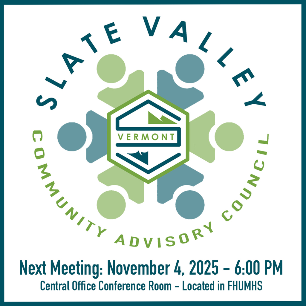 Graphic for the Slate Valley Community Advisory Council. The center features the Slate Valley Unified School District logo surrounded by abstract figures in blue and green forming a circle. Text below reads: “Next Meeting: November 4, 2025 – 6:00 PM. Central Office Conference Room – Located in FHUHS.”