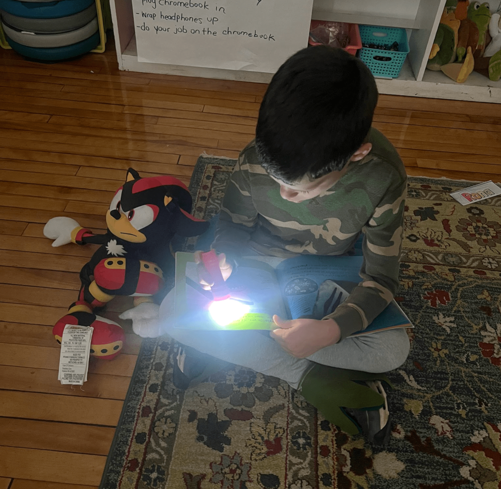 A student in a camouflage shirt reads a book with a flashlight next to a plush toy of Shadow the Hedgehog.