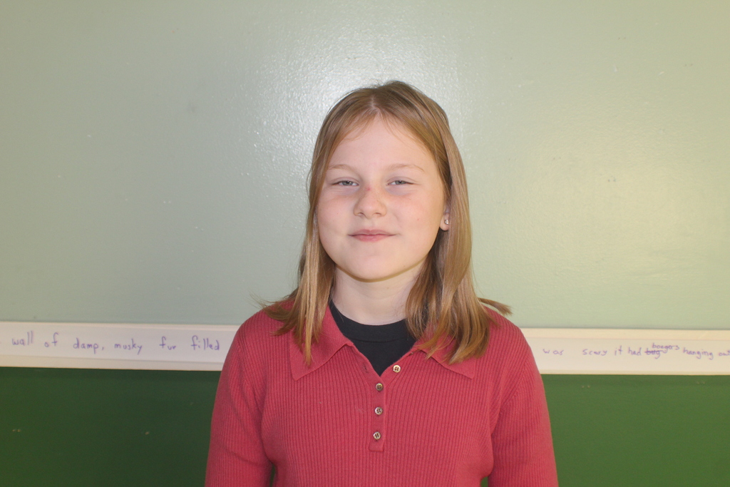 Student with straight light brown hair wearing a red ribbed shirt with a collar and buttons, smiling in front of a green wall.
