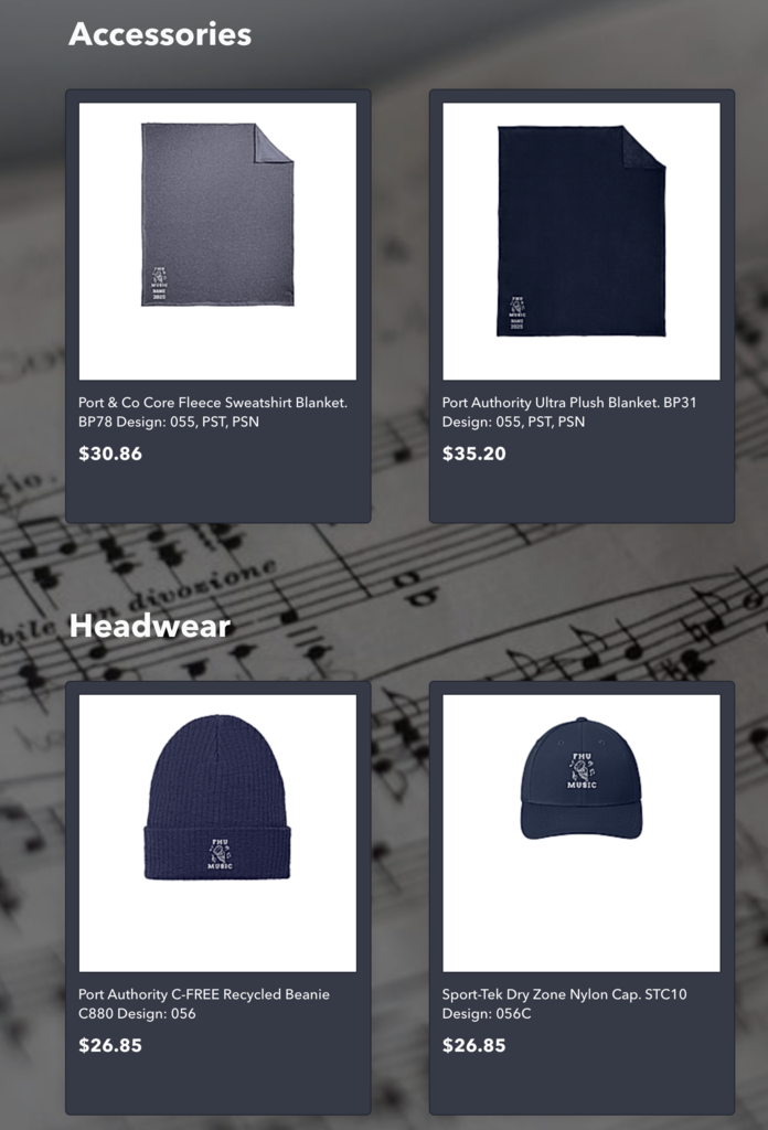 Collection of FHU Music accessories including two navy blankets, a knit beanie, and a baseball cap, each shown with prices and item details.