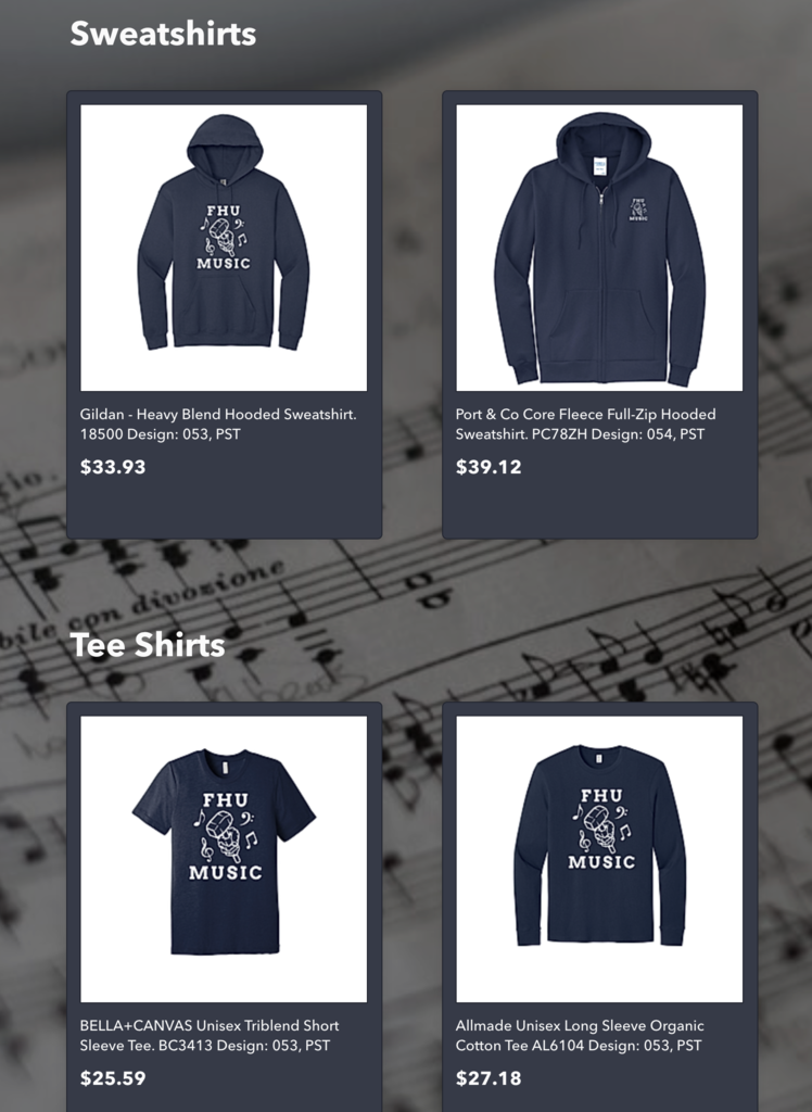 Display of FHU Music apparel including navy hooded sweatshirts, full-zip hoodies, short sleeve tees, and long sleeve shirts, each labeled with prices and product names.