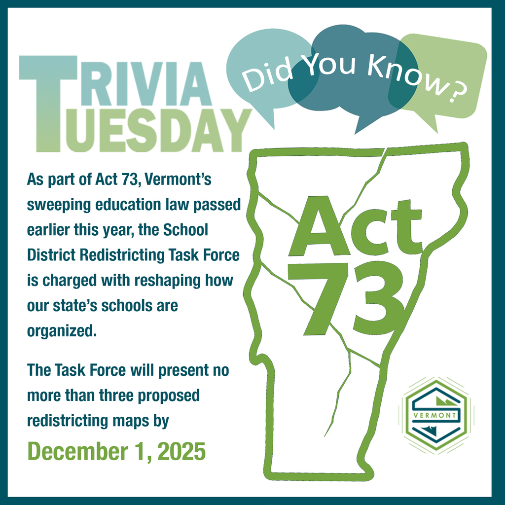 Graphic titled “Trivia Tuesday – Did You Know?” featuring text about Vermont’s Act 73. It explains that the School District Redistricting Task Force is responsible for reshaping how the state’s schools are organized and will present up to three proposed redistricting maps by December 1, 2025. The image includes a green outline of Vermont with “Act 73” written inside and the Slate Valley Vermont logo in the bottom right corner.