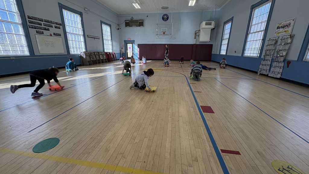 A wide view of a gymnasium shows multiple children skating on scooter boards in various directions. The gym is bright, with large windows and blue and maroon wall padding.
