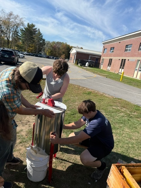 Students work together outside to spin honey using a stainless-steel honey extractor. One student turns the handle while another steadies the extractor, with buckets placed beneath it.