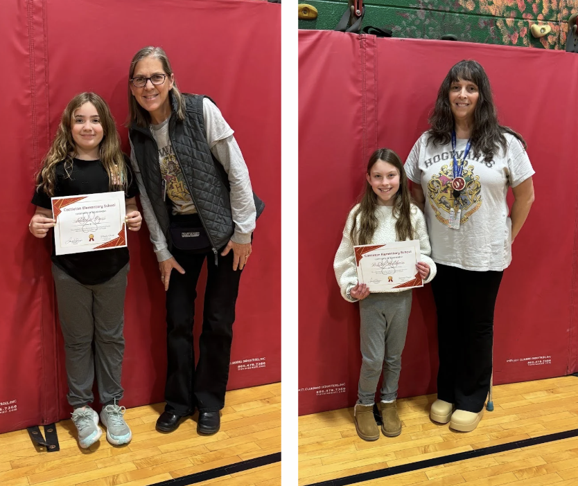 Student poses with a certificate next to an adult in front of a red gym mat and Student holding a certificate stands with an adult in front of a red gym mat.