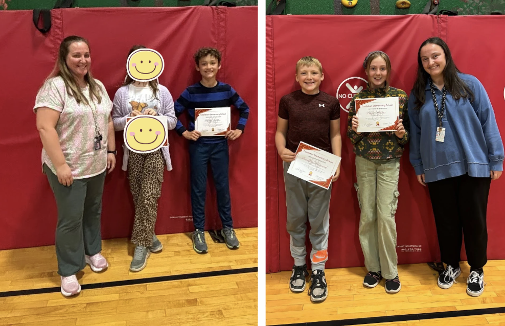 Two students holding certificates stand with an adult in front of a red gym mat and Two students stand with an adult in front of a mural wall; one student holds a certificate.