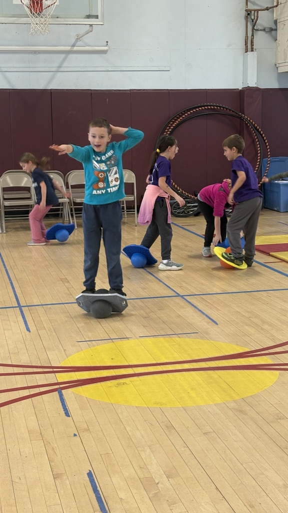 Several students play on wobble boards and balance equipment in the gym. One boy in the foreground poses excitedly while standing on a balance rocker, with other students practicing similar activities behind him.