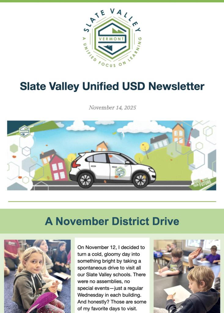 A newsletter header for the Slate Valley Unified USD dated November 14, 2025. The top features the Slate Valley logo, a green and blue hexagon emblem with the tagline “A Unified Focus on Learning.” Below it is an illustrated banner showing a white car with the Slate Valley logo driving through a colorful neighborhood with houses, trees, and clouds. The section title “A November District Drive” appears underneath.