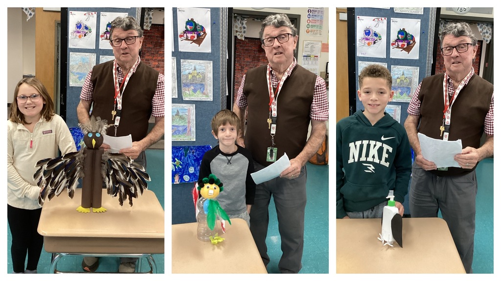 Alt text (left): A student stands with her large brown-feathered bird sculpture on a desk next to the teacher. Alt text (middle): A student stands with his green-headed bird project made from recycled materials next to the teacher. Alt text (right): A student stands with his white soap-bottle penguin-style bird next to the teacher.