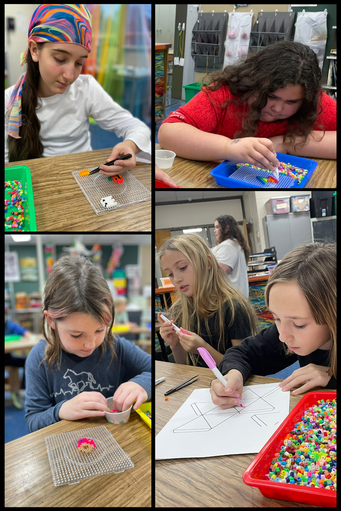 Collage of 4 images: Image 5 (Left of second collage)  A student wearing a colorful headscarf uses tweezers to place orange and black beads onto a square pegboard.  Image 6 (Top-right of second collage)  A student in a red shirt works intently on a Perler bead project, leaning close to her pegboard.  Image 7 (Bottom-left of second collage)  A young student focuses on arranging small beads into a circular pattern on a clear pegboard.  Image 8 (Bottom-right of second collage)  Two students sit together; one draws lines on a piece of paper for the nine-sided paper box project while the other holds a pink marker and watches.