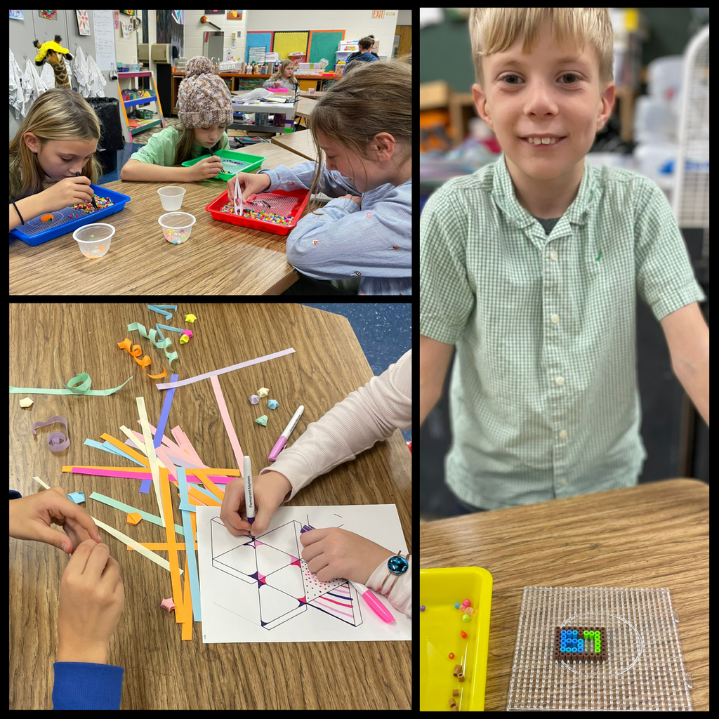Collage of 3 images: Image 12 (Top-left of fourth collage)  Three students sit at a table, each focusing on arranging colorful beads onto their pegboards using small cups for sorting.  Image 13 (Center of fourth collage)  Hands work on folding thin paper strips while another student colors the geometric template for the nine-sided paper box.  Image 14 (Top-right of fourth collage)  A smiling student stands at a classroom table with a small finished Perler bead square placed in front of him.
