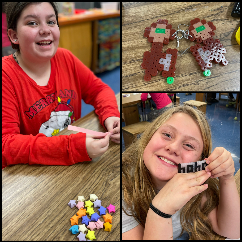 Collage of 3 Images: A student smiles while folding a thin strip of paper into a puffy star, with a cluster of brightly colored paper stars on the table.  Image 10 (Top-right of third collage)  A pair of completed Perler bead characters with green eyes and brown bodies sit on a wooden desk, finished as keychains.  Image 11 (Bottom-right of third collage)  A student grins while holding up a Perler bead word charm that spells “hope.”