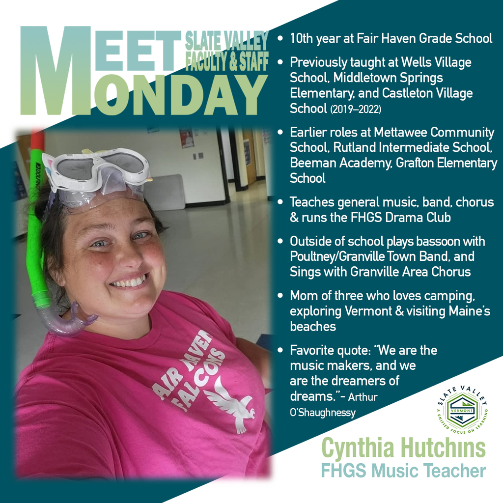 A “Meet Slate Valley Faculty & Staff Monday” graphic featuring Cynthia Hutchins, Fair Haven Grade School music teacher. On the left is a photo of Cynthia smiling while wearing a pink “Fair Haven Falcons” shirt and swim goggles with a snorkel on her head. On the right, bullet points highlight her 10 years at FHGS, previous roles at multiple schools, the subjects and drama club she teaches, her musical involvement in community bands and chorus, her hobbies with her three children, and her favorite quote. Her name and title appear at the bottom.