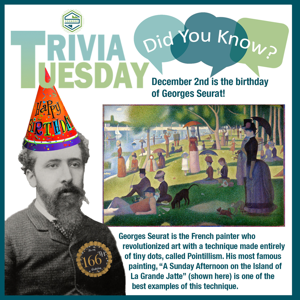 A “Trivia Tuesday: Did You Know?” graphic featuring Georges Seurat. On the left is a black-and-white portrait of Seurat wearing a colorful illustrated birthday hat and a badge that reads “166th Birthday.” To the right is his famous pointillist painting A Sunday Afternoon on the Island of La Grande Jatte showing people relaxing by a river. Text reads: “December 2nd is the birthday of Georges Seurat! Georges Seurat is the French painter who revolutionized art with a technique made entirely of tiny dots, called Pointillism. His most famous painting, ‘A Sunday Afternoon on the Island of La Grande Jatte’ (shown here) is one of the best examples of this technique.”