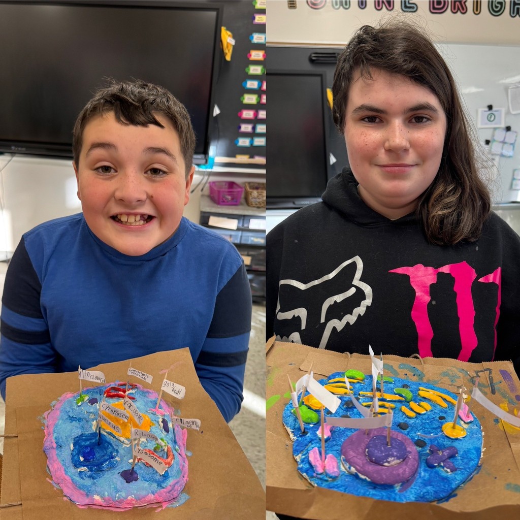 A composite photo of two students, a girl and a boy, each holding a round, blue 3D cell model labeled with small flags.