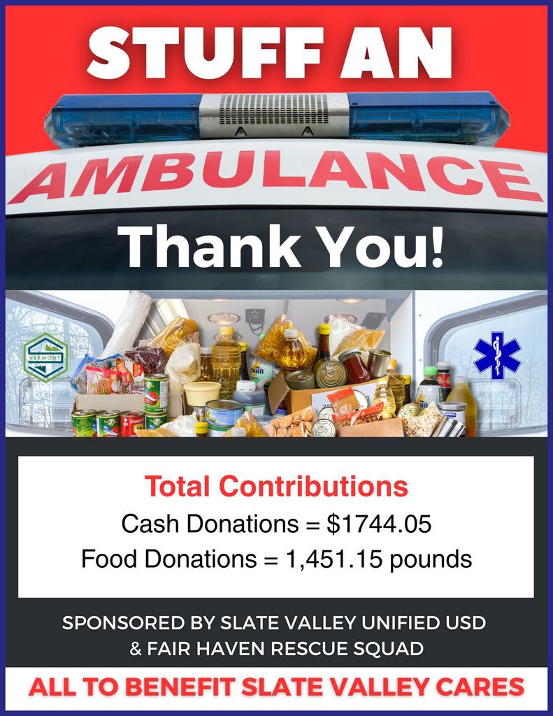 A bold community flyer titled “Stuff an Ambulance – Thank You!” The top features a close-up of an ambulance with its blue emergency lights on and the word “AMBULANCE” in red letters across the front. Below, a large “Thank You!” message appears in white text. The center of the flyer shows the back of an ambulance filled with assorted donated food items, including canned goods, pasta, rice, cereal, and cooking oil. On the left is the Slate Valley Unified School District logo, and on the right is a star-of-life EMS symbol. A white box lists total contributions: “Cash Donations = $1744.05” and “Food Donations = 1,451.15 pounds.” The bottom text reads, “Sponsored by Slate Valley Unified USD & Fair Haven Rescue Squad – All to benefit Slate Valley Cares.”