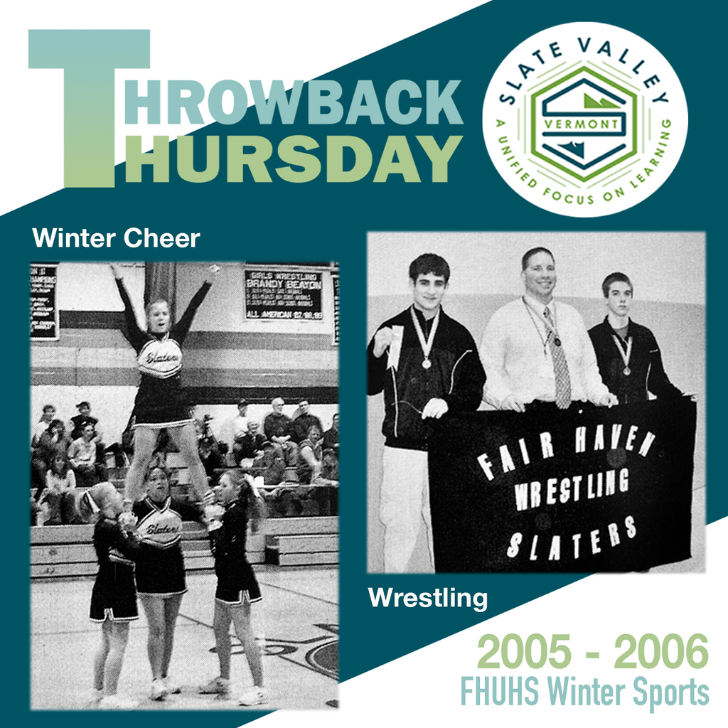 Throwback Thursday graphic showing a 2005–2006 Fair Haven cheer stunt group on the left and three Fair Haven wrestling athletes with their coach holding a banner on the right.
