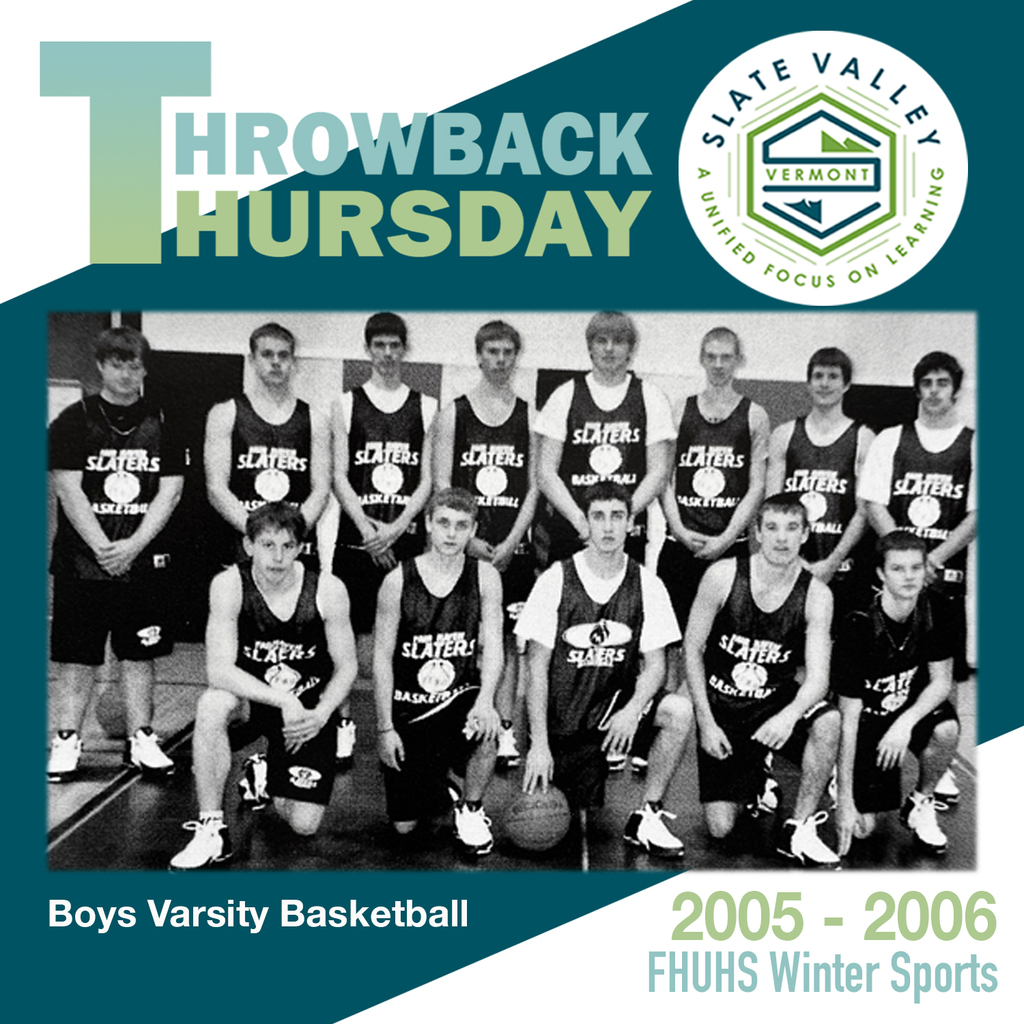 Throwback Thursday graphic showing the 2005–2006 Fair Haven Union High School boys varsity basketball team posing in uniform.