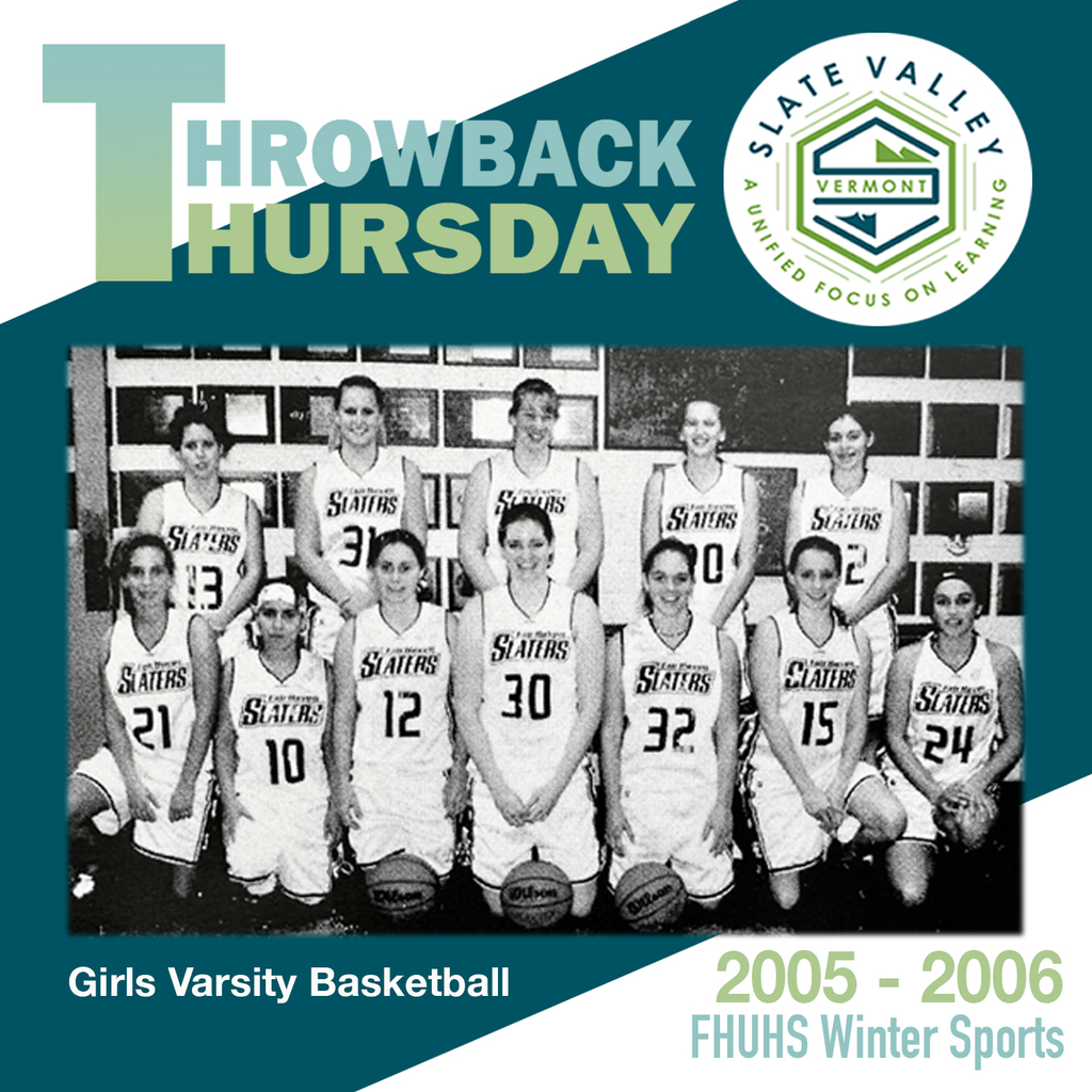 Throwback Thursday graphic showing the 2005–2006 Fair Haven Union High School girls varsity basketball team posing in uniform with basketballs.