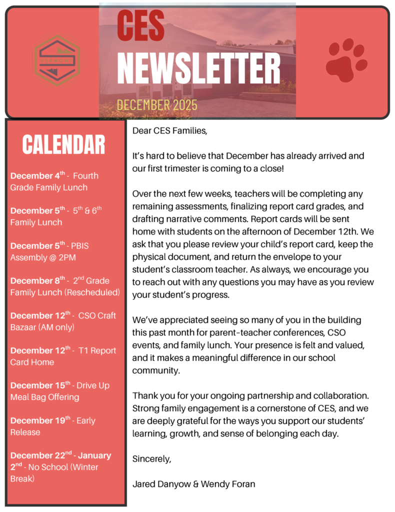 CES December 2025 newsletter page featuring a red header with the CES logo, a calendar sidebar listing December events, and a principal's message. The message discusses trimester assessments, report cards going home December 12th, family lunches, parent-teacher conferences, and appreciation for family engagement.