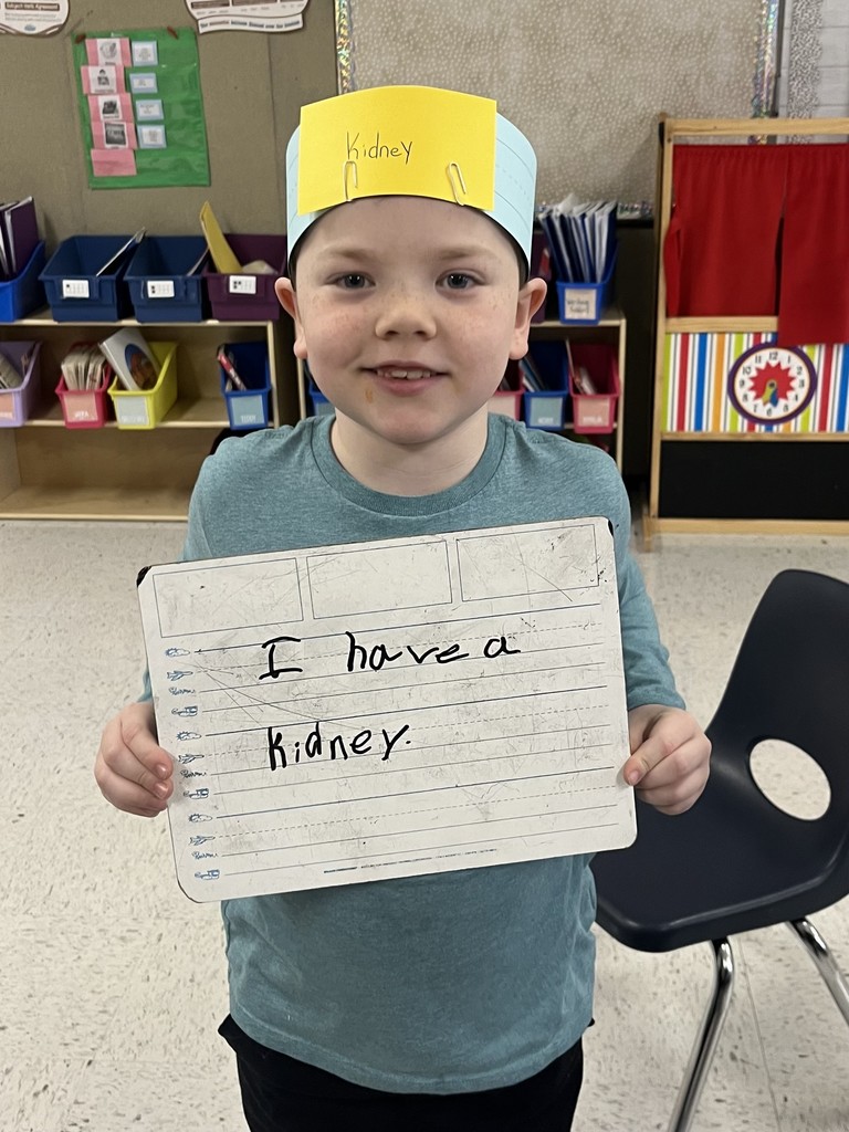  (Boy with 'Kidney' crown): A young elementary school boy wearing a blue and yellow paper crown with the word "Kidney" written on it. He is smiling and holding a dry-erase board that says, "I have a kidney."  