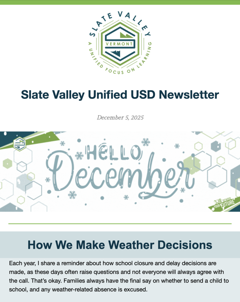 Newsletter header for the Slate Valley Unified USD dated December 5, 2025, featuring the district logo and a decorative banner that reads ‘Hello December.’