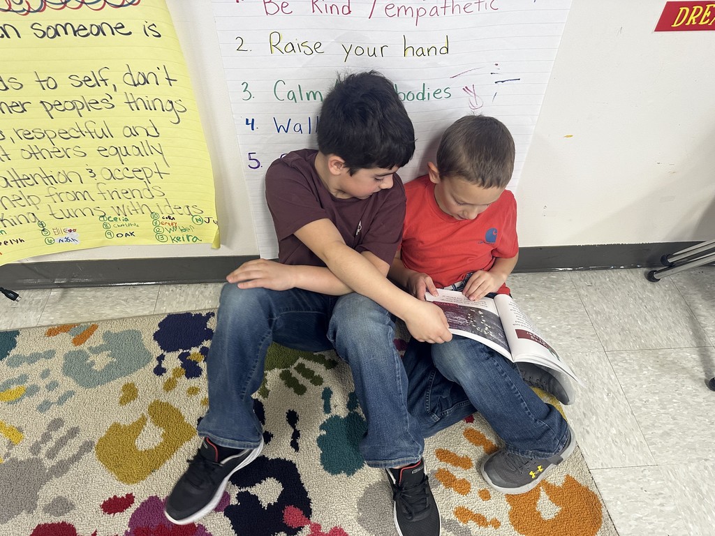 Two young boys are sitting on a colorful, patterned rug, closely reading from the same open book. They are leaning against a bulletin board with classroom rules written on it.