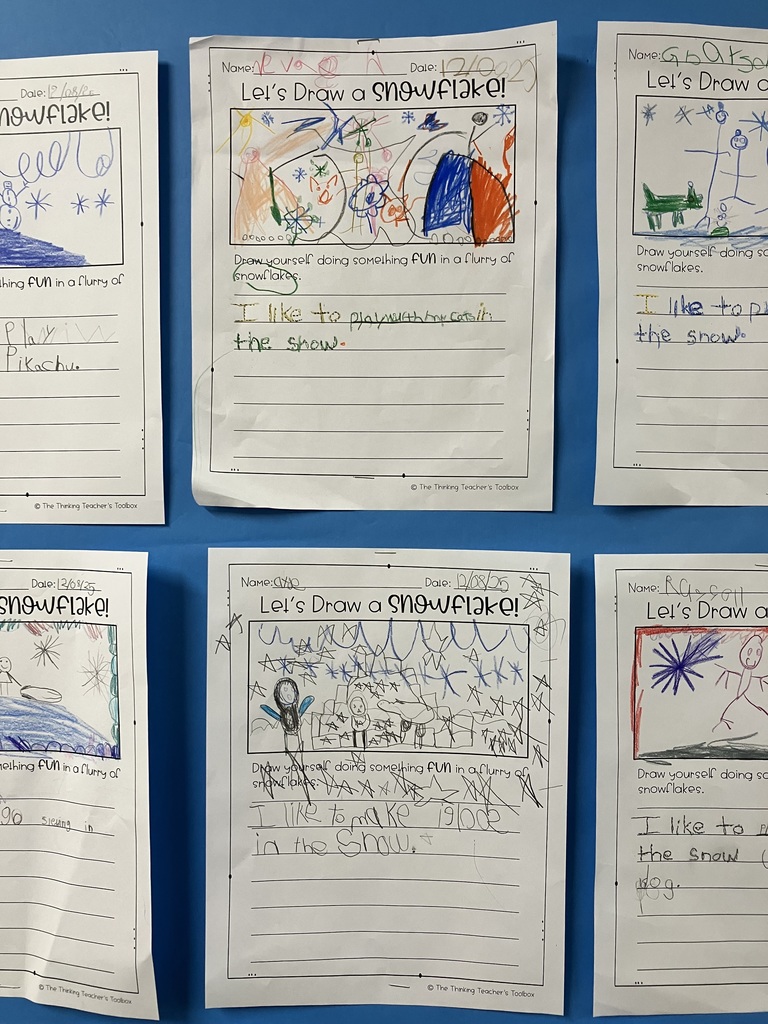 A bulletin board displays six children's winter-themed worksheets titled “Let’s Draw a Snowflake!” Each page includes a colorful drawing of a child doing a fun activity in the snow—such as sledding, playing with a pet, or making igloos—along with simple handwritten sentences describing the activity. The artwork features bright colors, stick figures, snowflakes, and winter scenes. The worksheets are arranged in two rows of three on a blue background.
