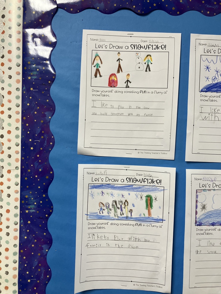 A bulletin board displays six children's winter-themed worksheets titled “Let’s Draw a Snowflake!” Each page includes a colorful drawing of a child doing a fun activity in the snow—such as sledding, playing with a pet, or making igloos—along with simple handwritten sentences describing the activity. The artwork features bright colors, stick figures, snowflakes, and winter scenes. The worksheets are arranged in two rows of three on a blue background.