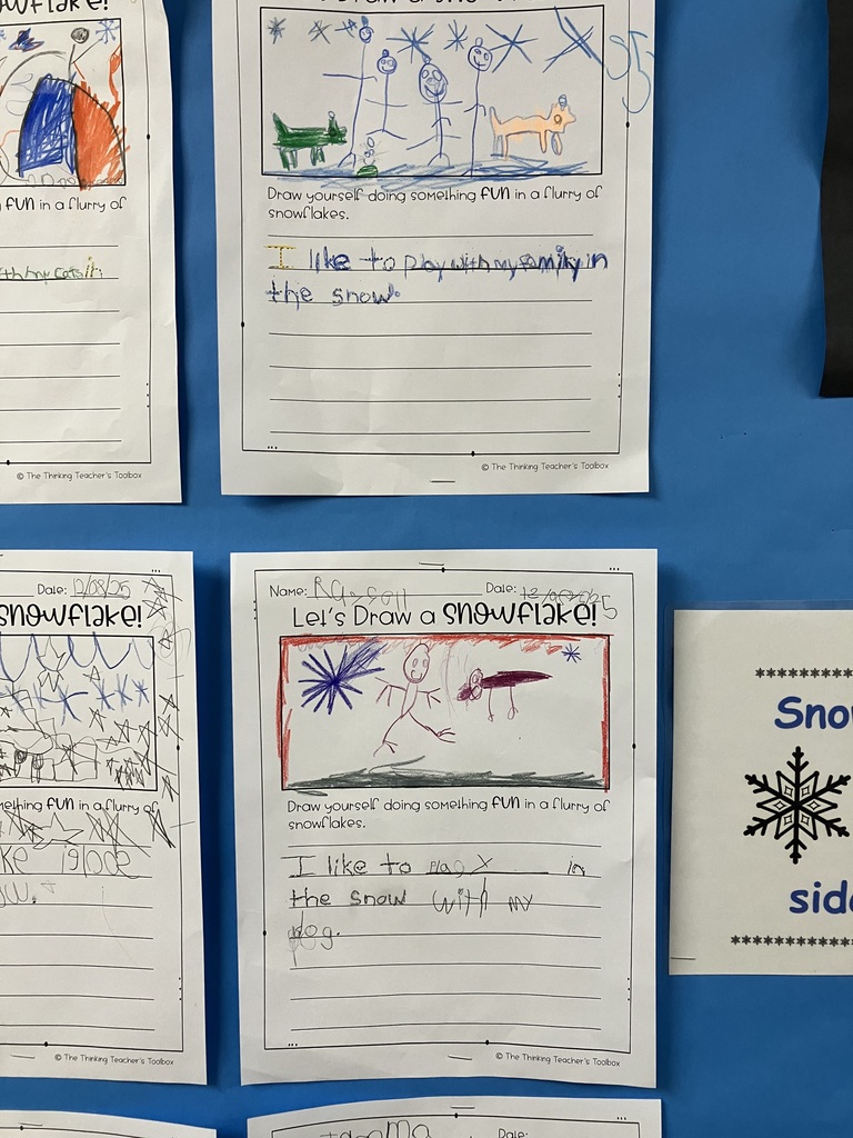 A bulletin board displays six children's winter-themed worksheets titled “Let’s Draw a Snowflake!” Each page includes a colorful drawing of a child doing a fun activity in the snow—such as sledding, playing with a pet, or making igloos—along with simple handwritten sentences describing the activity. The artwork features bright colors, stick figures, snowflakes, and winter scenes. The worksheets are arranged in two rows of three on a blue background.