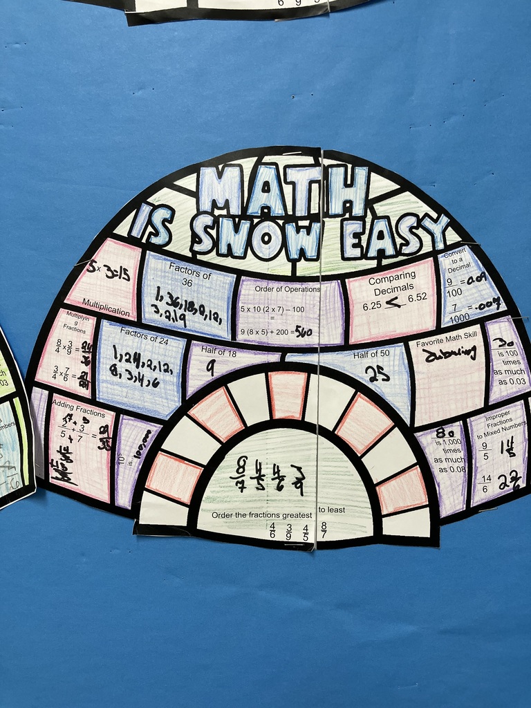 A colorful, fan-shaped classroom math display titled "MATH IS SNOW EASY." The fan is segmented into various math problems written by hand on paper. Visible problems and answers include:Multiplication: $5 \times 3 = 15$Factors of 36: $1, 36, 18, 9, 6, 12, 2, 3, 4$Order of Operations: $5 \times 10 \times (2 \times 7) = 700$ and $9 \times (8 \times 5) + 200 = 560$Comparing Decimals: $6.25 < 6.52$Convert to a Decimal: $\frac{9}{1000} = 0.009$Adding Fractions: $\frac{3}{4} + \frac{5}{8} = \frac{11}{8}$Factors of 24: $1, 24, 2, 12, 3, 8, 4, 6$Half of 18: $9$Half of 50: $25$Subtracting Decimals: $74 \times 100$ times as much as $0.03$Improper Fractions to Mixed Numbers: $\frac{14}{6} = 2 \frac{2}{6}$Order the fractions greatest to least: $\frac{8}{5}, \frac{4}{6}, \frac{3}{4}, \frac{4}{5}, \frac{2}{7}$ (The fractions are written in the center of the fan).The background is a solid blue wall.