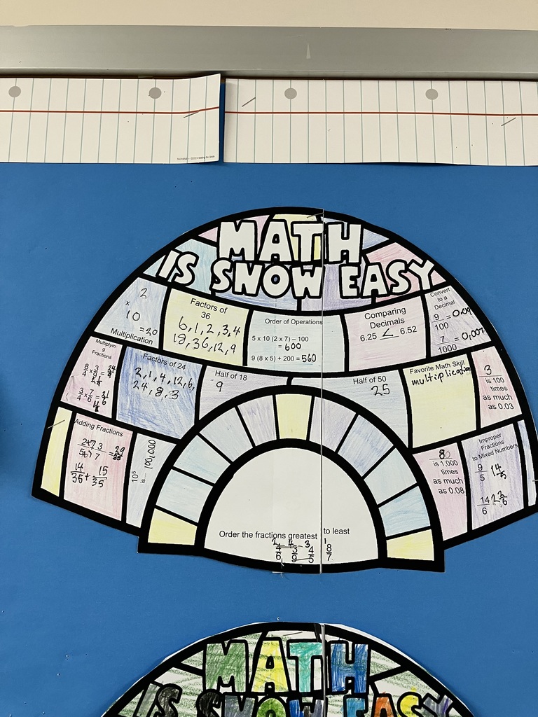 A colorful, fan-shaped classroom math display titled "MATH IS SNOW EASY." The fan is segmented into various math problems written by hand on paper. Visible problems and answers include:Multiplication: $5 \times 3 = 15$Factors of 36: $1, 36, 18, 9, 6, 12, 2, 3, 4$Order of Operations: $5 \times 10 \times (2 \times 7) = 700$ and $9 \times (8 \times 5) + 200 = 560$Comparing Decimals: $6.25 < 6.52$Convert to a Decimal: $\frac{9}{1000} = 0.009$Adding Fractions: $\frac{3}{4} + \frac{5}{8} = \frac{11}{8}$Factors of 24: $1, 24, 2, 12, 3, 8, 4, 6$Half of 18: $9$Half of 50: $25$Subtracting Decimals: $74 \times 100$ times as much as $0.03$Improper Fractions to Mixed Numbers: $\frac{14}{6} = 2 \frac{2}{6}$Order the fractions greatest to least: $\frac{8}{5}, \frac{4}{6}, \frac{3}{4}, \frac{4}{5}, \frac{2}{7}$ (The fractions are written in the center of the fan).The background is a solid blue wall.