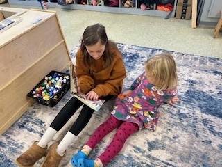 Older student sitting on a rug reading a picture book to a younger child.