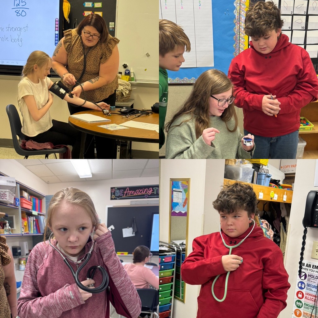 Top Left: A teacher, wearing a leopard-print top, is demonstrating how to use a blood pressure cuff on a female student wearing a white t-shirt. They are seated at a table. A whiteboard behind them shows the numbers 125/80 and the phrase "the strongest whole body." Top Right: Two students are standing next to each other. A female student in a green sweater is looking down, holding a small object, while a male student in a red hoodie stands nearby, observing. Bottom Left: A female student in a pink hoodie is holding the earpieces of a stethoscope up to her ears with a focused expression. Bottom Right: A male student in a red hoodie is holding a stethoscope to his own chest, mimicking taking his vital signs, with a serious expression.