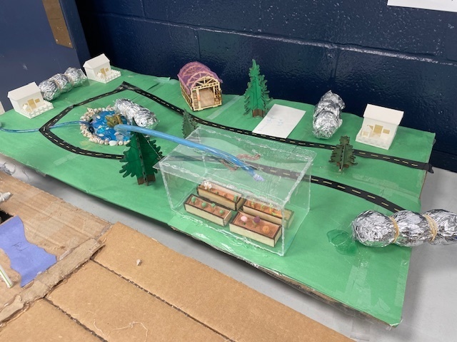 A model city with green-painted land, roads, tiny houses, a pond, trees, and a clear plastic greenhouse filled with miniature crops.