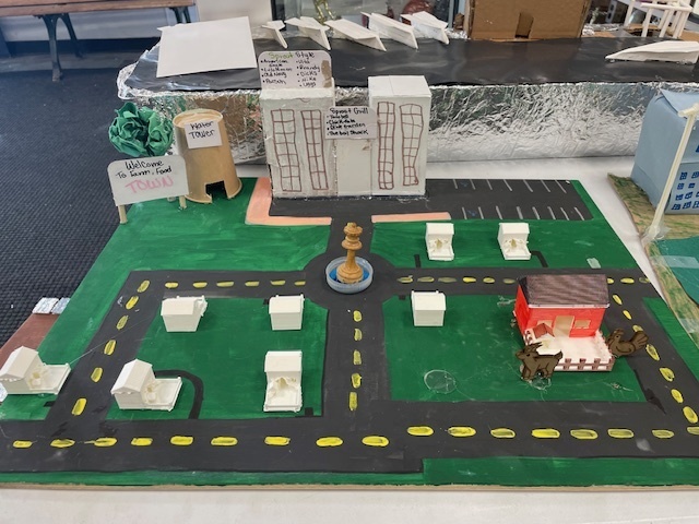 A model city layout with roads, a roundabout fountain, small white houses, and labeled buildings representing a hotel, market, and grill.