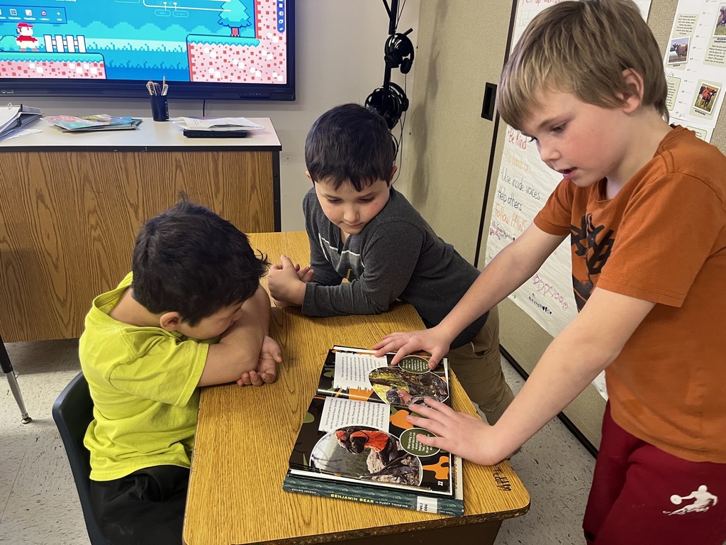 Three young boys are gathered around a wooden desk in a classroom, looking intently at an open non-fiction book about animals. One boy in a yellow shirt sits on the left with his head resting on his arms, while a boy in a grey shirt leans over from the center. On the right, a boy in an orange shirt stands and points to a page featuring a photo of a bear. In the background, a digital whiteboard displays a colorful video game screen.