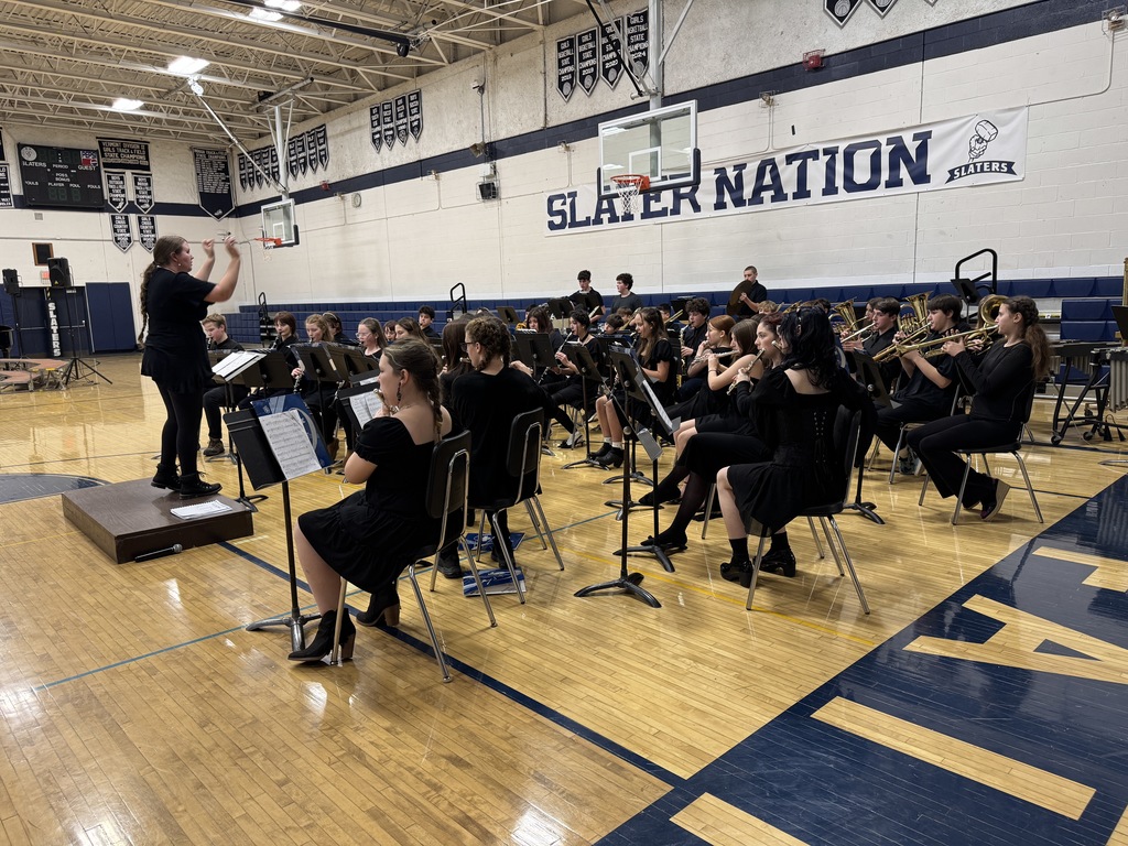 Instrumental ensemble seated in rows as a conductor stands on a podium leading the group during the winter concert.