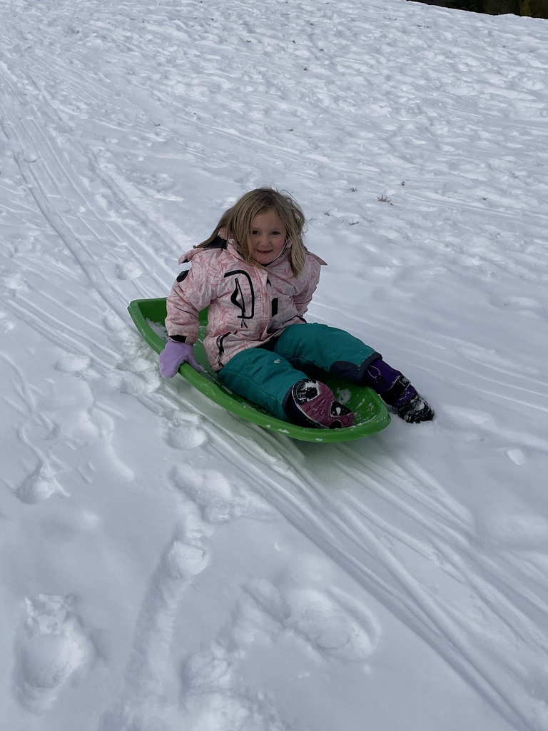 A young girl with long blonde hair, wearing a pink patterned jacket and teal snow pants, smiles while sitting in a bright green sled on a snowy slope.