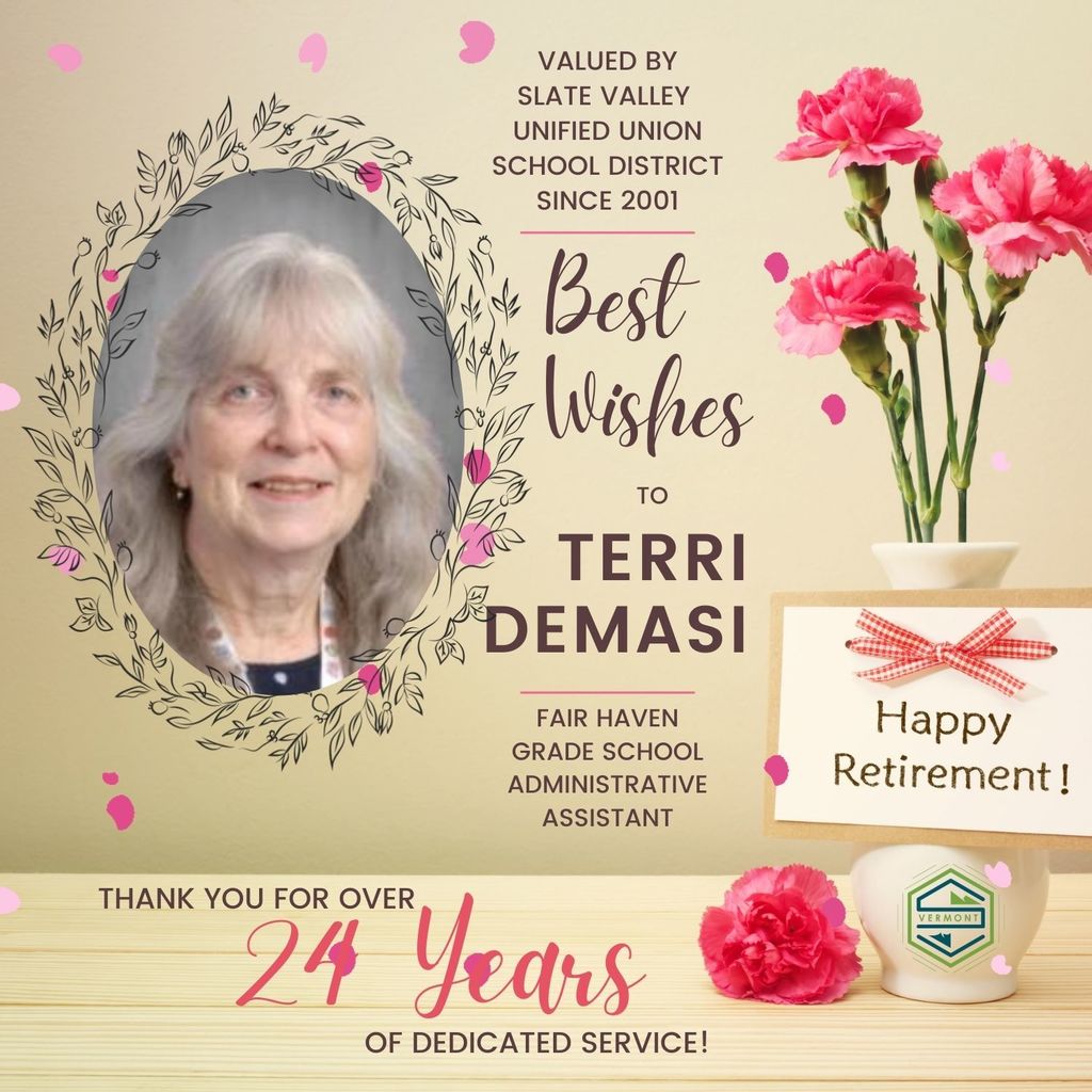 Retirement celebration graphic honoring Terri DeMasi, Fair Haven Grade School administrative assistant, with her portrait, flowers, and text thanking her for 24 years of dedicated service in Slate Valley.