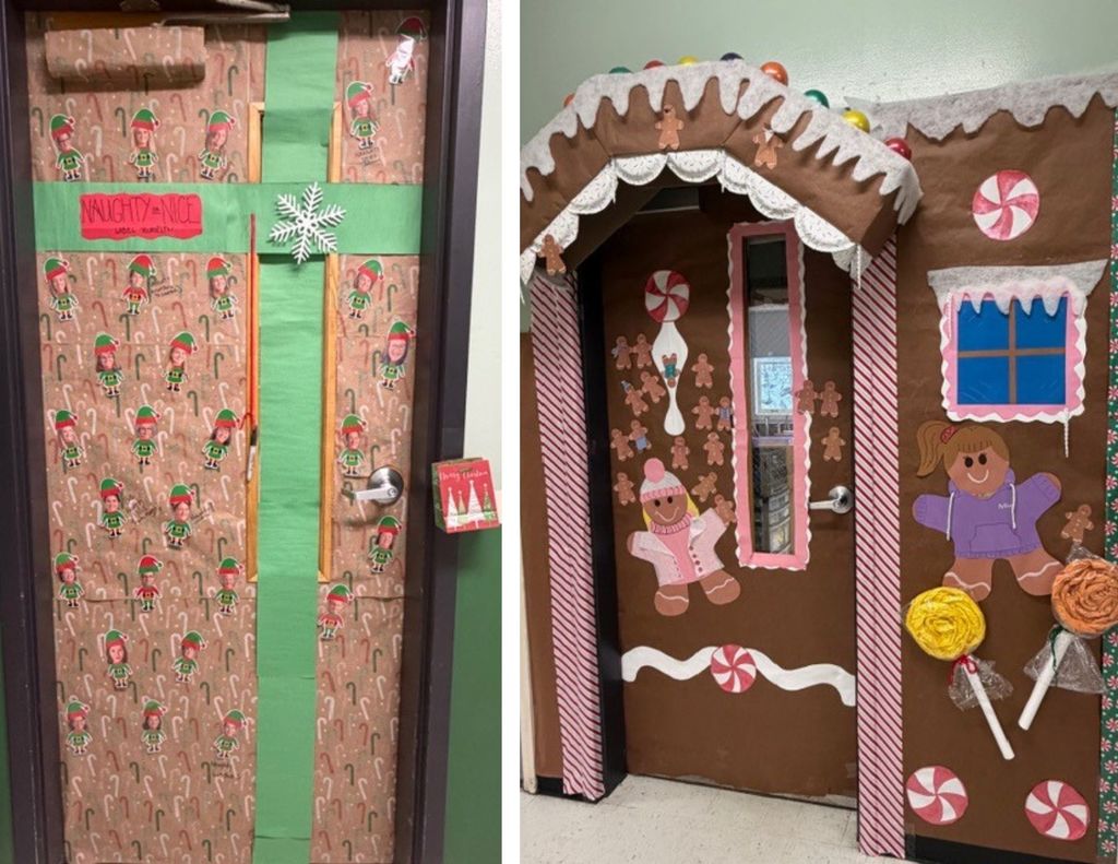 Photo 3: Classroom door wrapped like a large gift with elf-patterned paper and a green ribbon.  Photo 4: Classroom door decorated as a gingerbread house with candy details, gingerbread figures, and lollipop decorations.