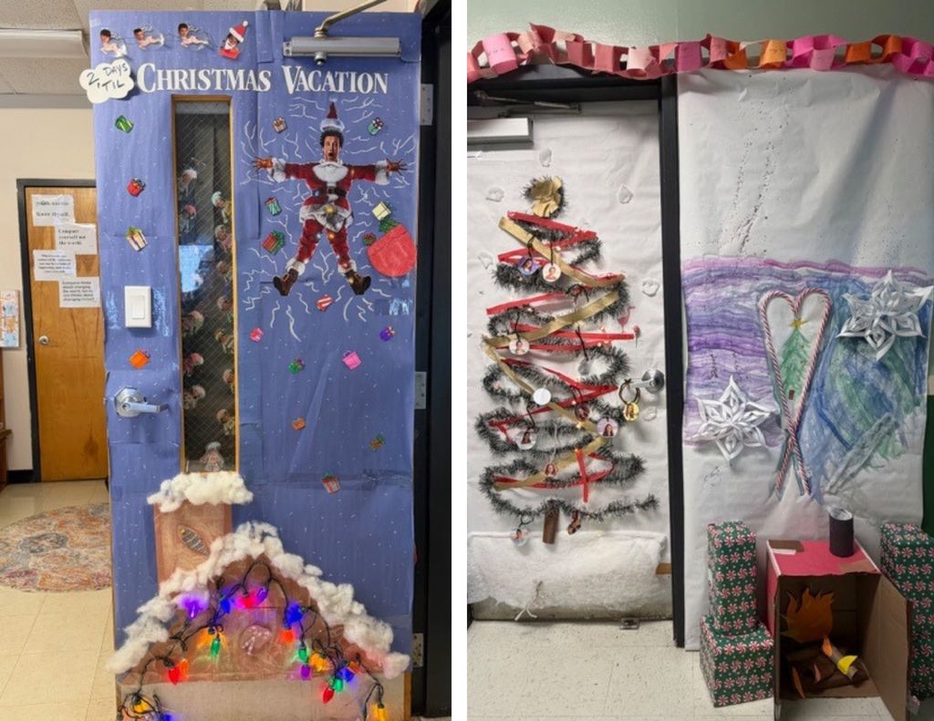 Photo 1: Classroom door decorated with a “Christmas Vacation” theme, featuring a character falling through snow above a lit fireplace.  Photo 2: Classroom door decorated as a handmade Christmas tree with garland, ribbon, ornaments, and student photos.