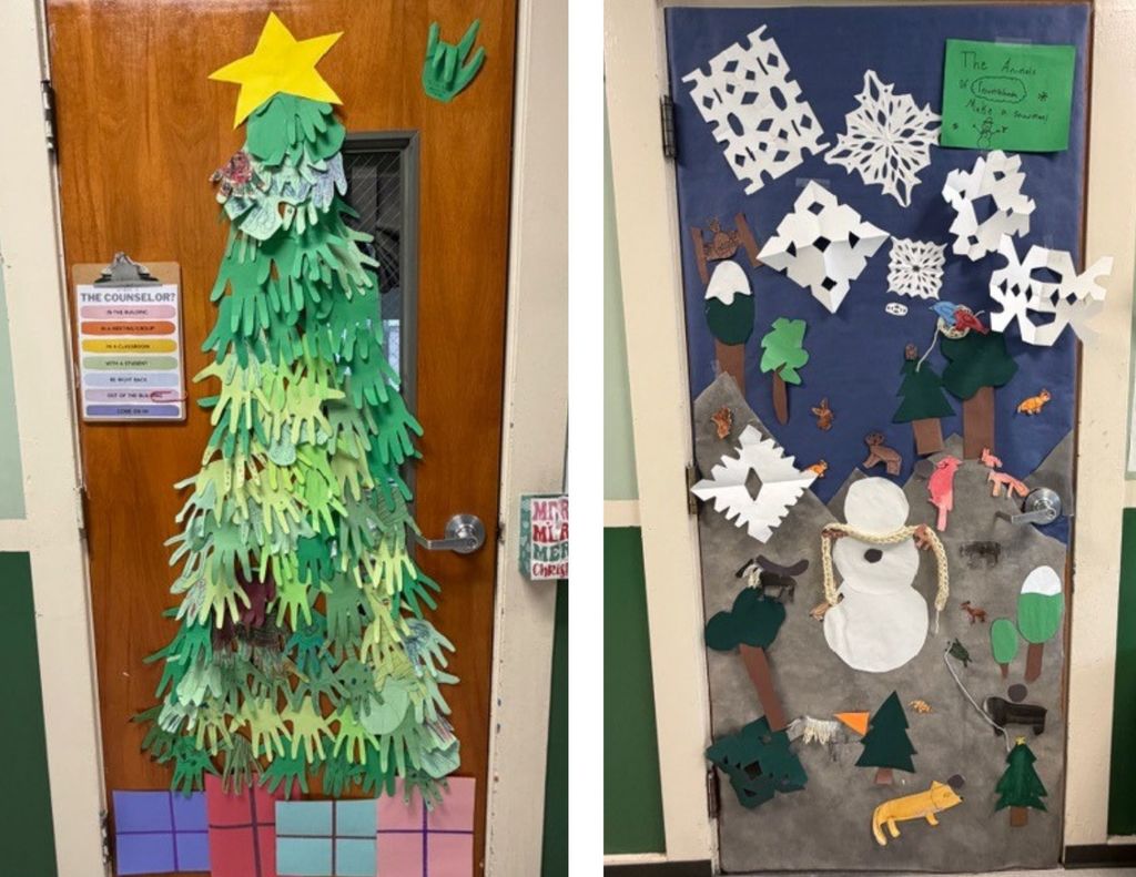 Photo 15: Classroom door decorated with a layered green paper Christmas tree topped with a star and gift boxes at the base.  Photo 16: Classroom door featuring a winter forest scene with paper snowflakes, trees, animals, and a snowman.