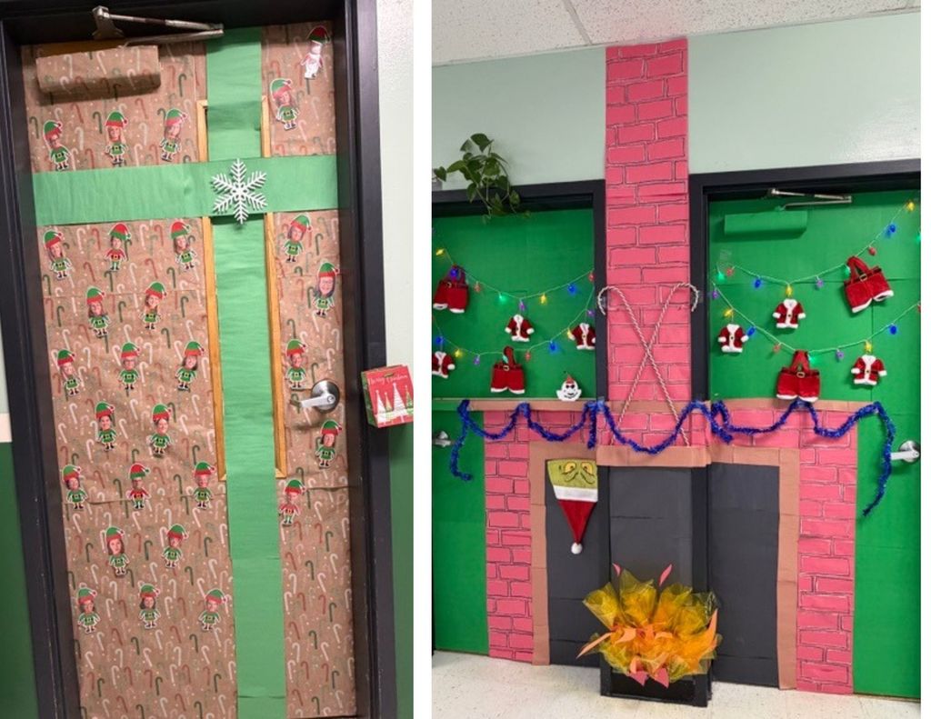 Photo 5: Classroom door wrapped like a present with elf-themed paper and a green ribbon and snowflake accent.  Photo 6: Classroom door transformed into a holiday fireplace scene with stockings, garland, and a glowing paper fire.