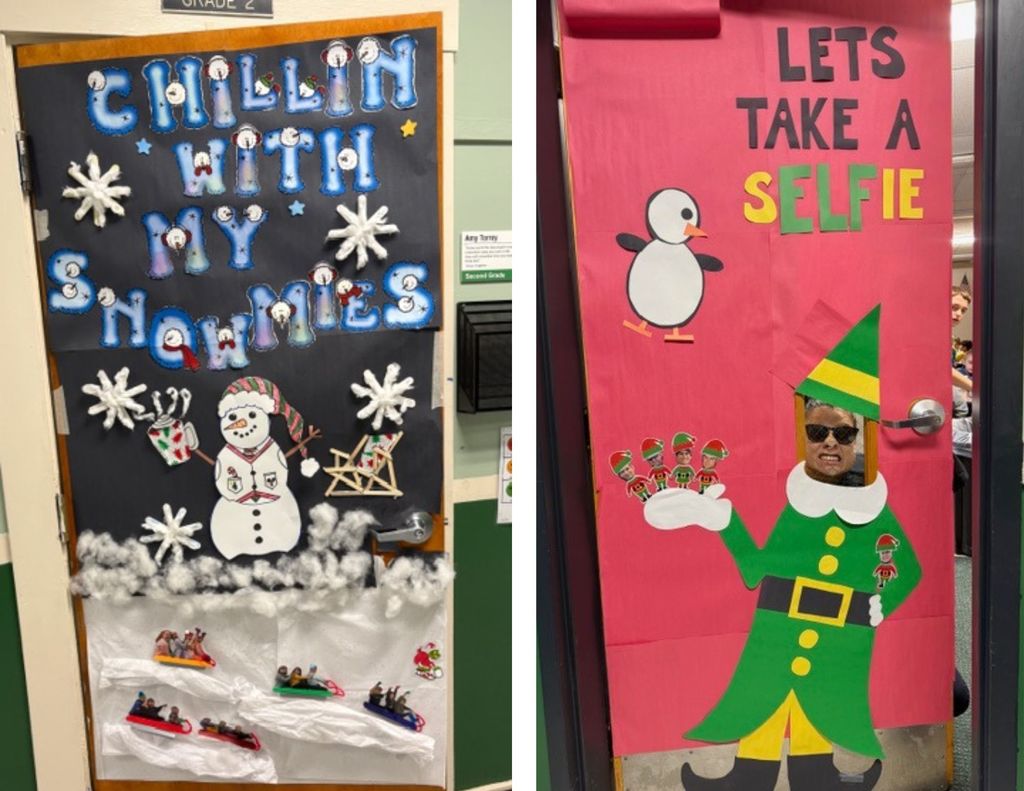 Photo 17: Classroom door reading “Chillin’ With My Snowmies,” decorated with snowmen, snowflakes, and sledding scenes.  Photo 18: Classroom door reading “Let’s Take a Selfie,” featuring a large elf cutout with a face cutout for photos.