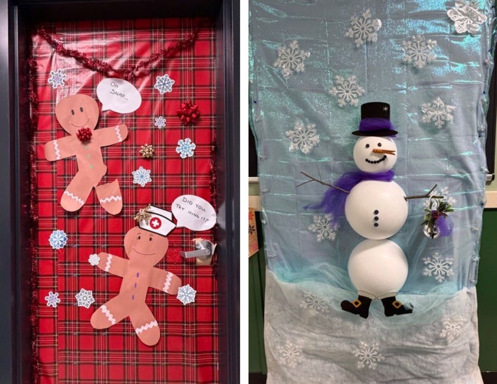 Photo 7: Classroom door with gingerbread characters on a red plaid background, decorated with snowflakes and bows.  Photo 8: Classroom door decorated with a large snowman wearing a top hat and scarf against a snowy blue background.