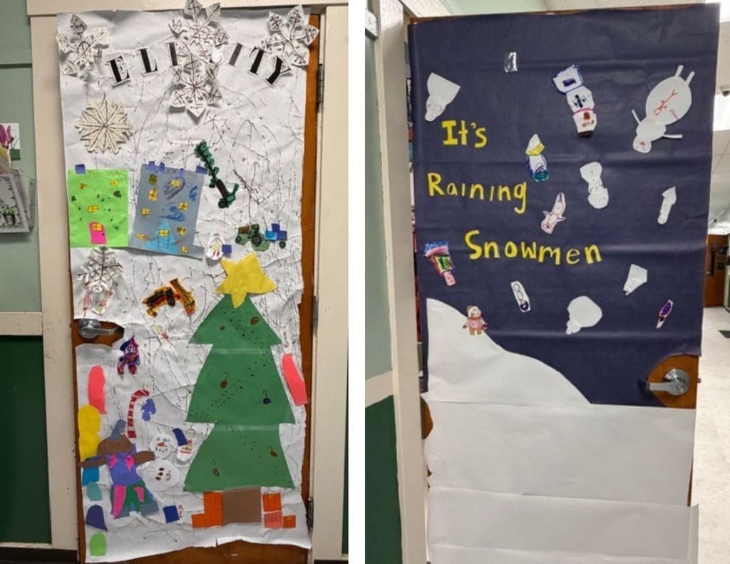 Photo 11: Classroom door collage featuring student artwork, snowflakes, a Christmas tree, and winter-themed drawings.  Photo 12: Classroom door with dark blue background reading “It’s Raining Snowmen,” decorated with falling snowman pieces.